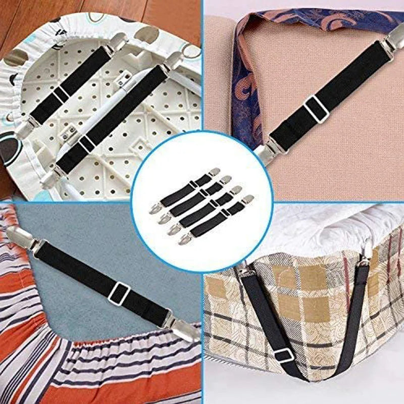 A set of adjustable bed sheet grippers with strong clips in black and white, shown in various contexts.