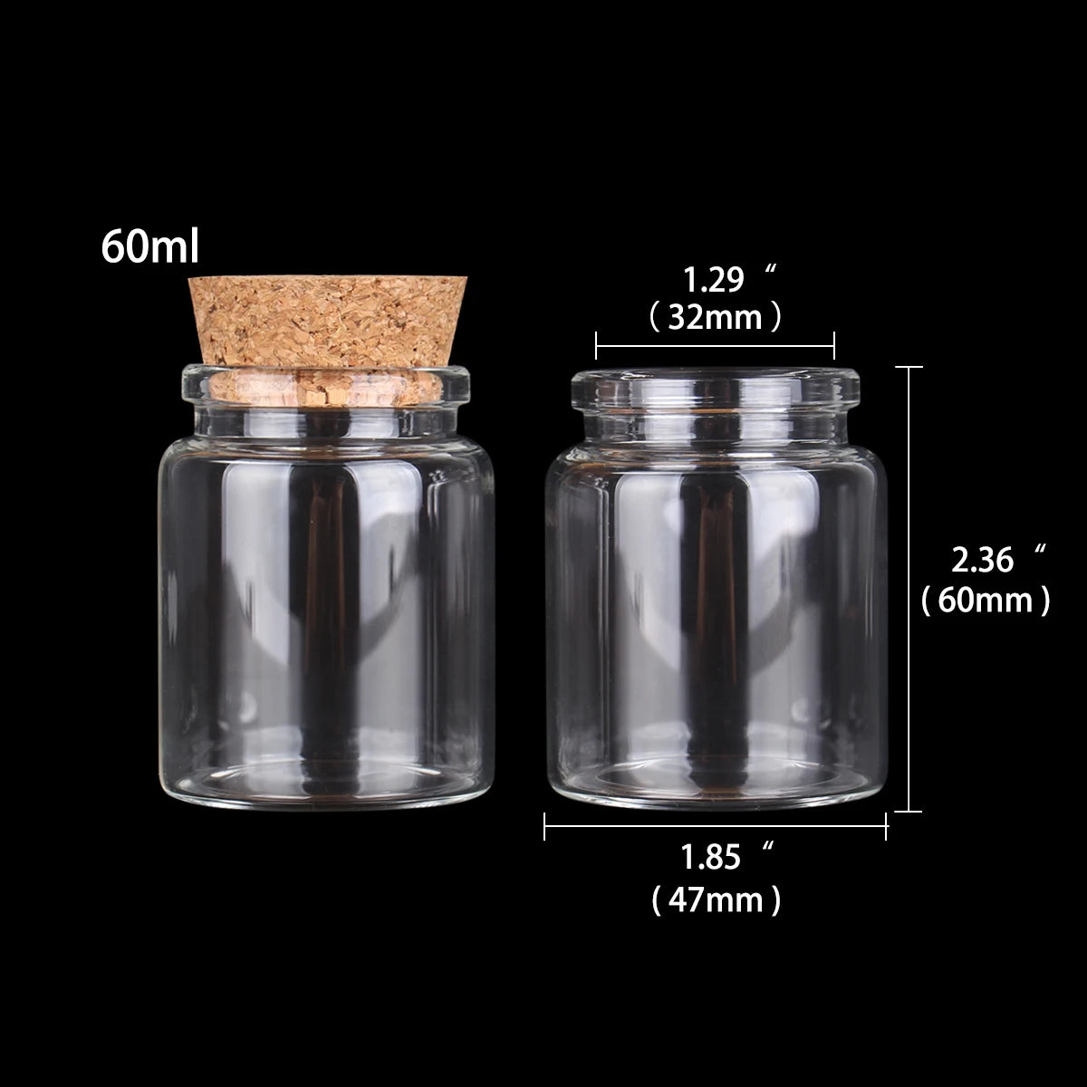 Frasco de vidrio transparente con tapa de corcho, dimensiones 60ml y 1.29 pulgadas.