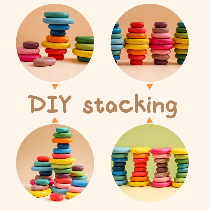 Wooden Rainbow Stacking Stones - Montessori Balancing Blocks for Kids