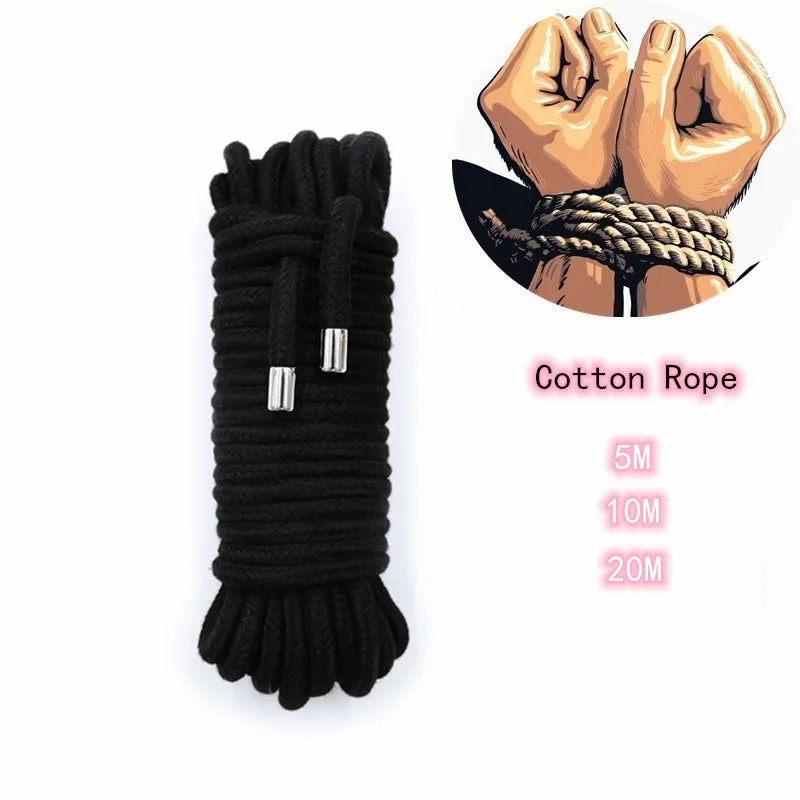Black cotton rope with various lengths 5m 10m and 20m shown next to a hand tied with the rope