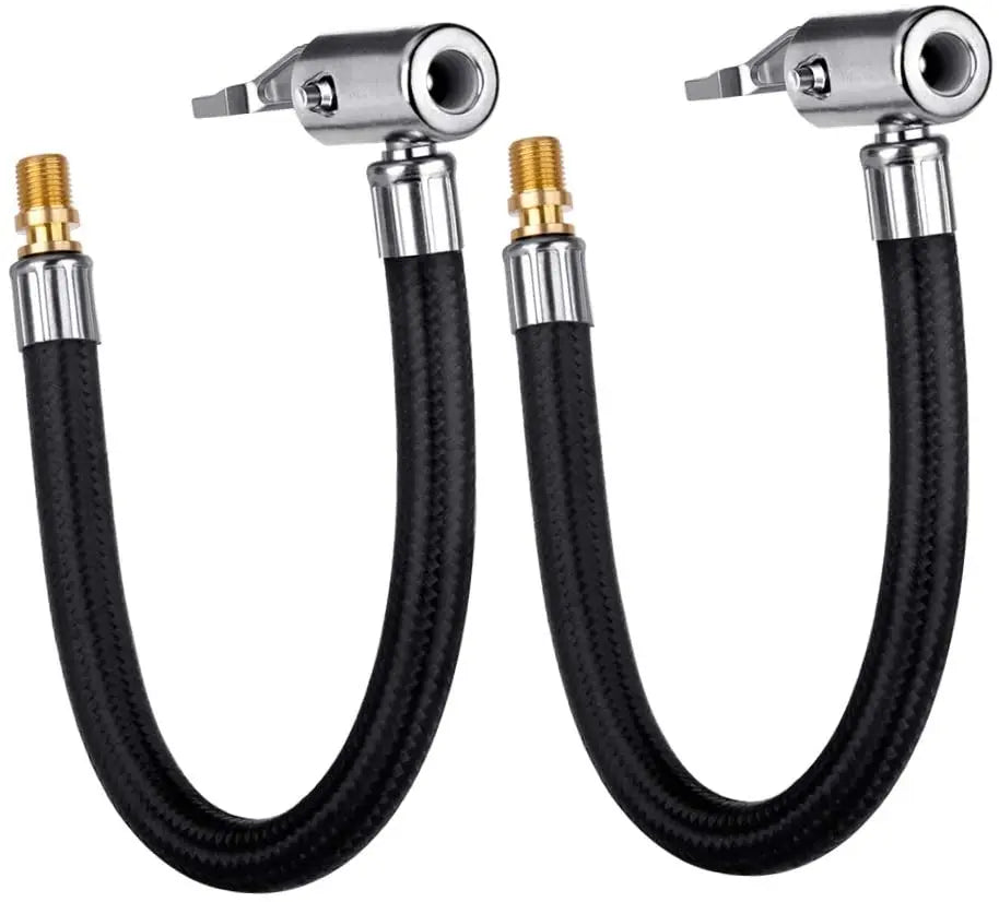 A pair of locking air chucks with flexible hoses for tires, featuring metal connectors and black rubber hoses.