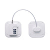 A white child safety cabinet lock featuring a key or digital code mechanism attached to a thin wire.