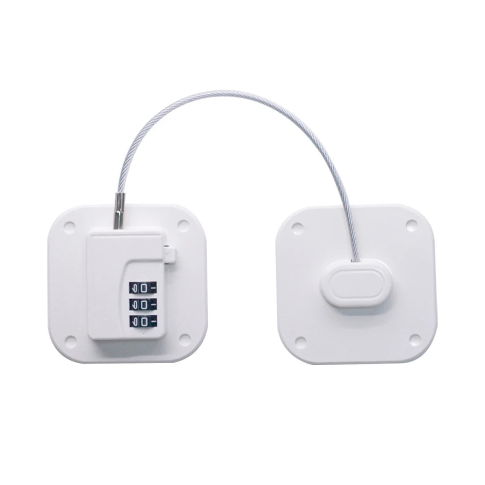 A white child safety cabinet lock featuring a key or digital code mechanism attached to a thin wire.
