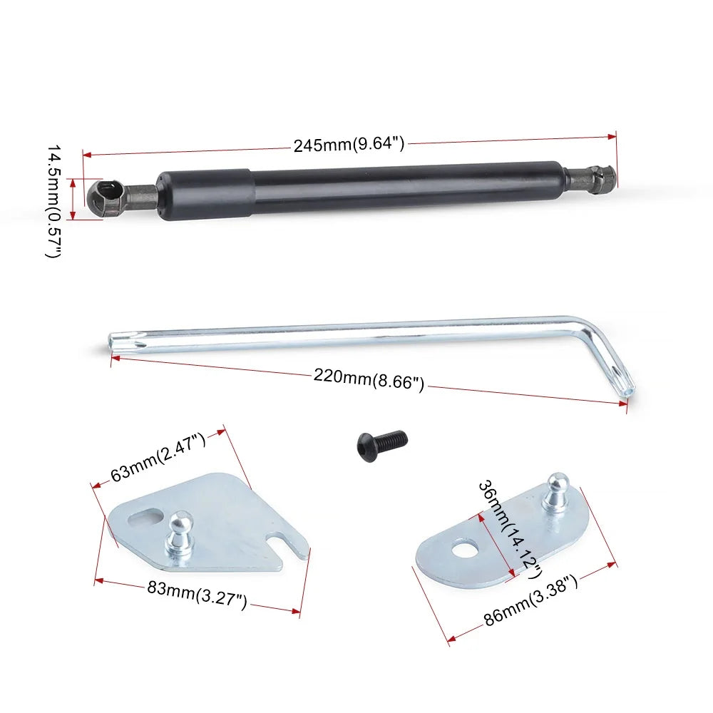 Set of gas spring tailgate struts for Ford F-150 including a rod, bracket, and mounting hardware.