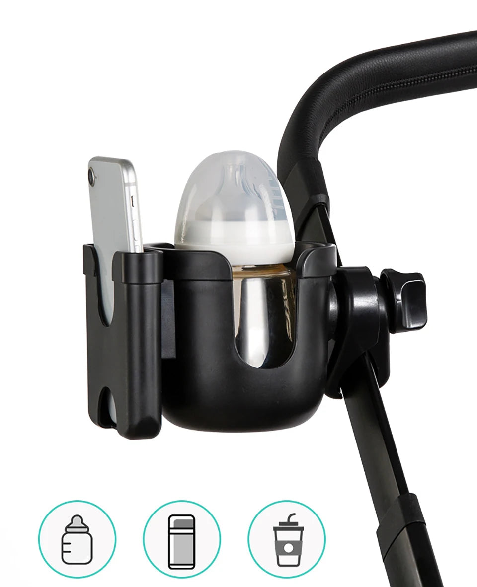 Black universal stroller cup and phone holder with a clear light bulb.