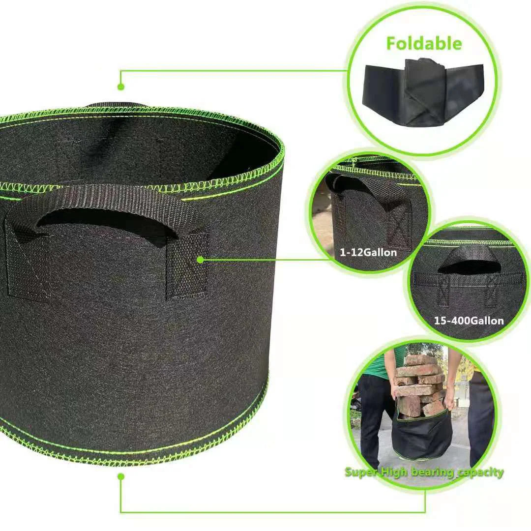 Black thickened non-woven fabric grow bags with handles shown in various sizes and capacities
