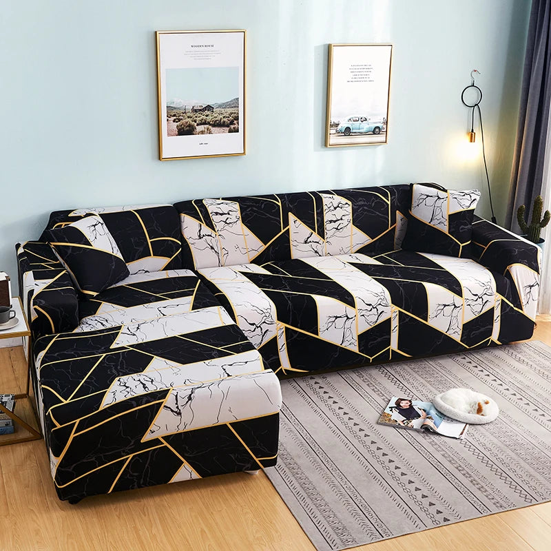 Printed L-Shape Sofa Cover with Elastic Edge