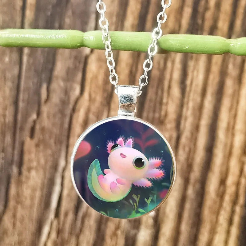 Cartoon Axolotl Glass Pendant Necklace