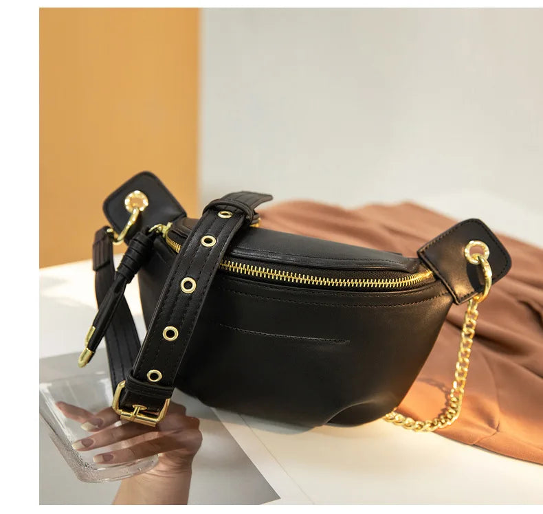 PU Leather Waist Pack with Chain Strap – Hands-Free Crossbody Belt Bag for Women