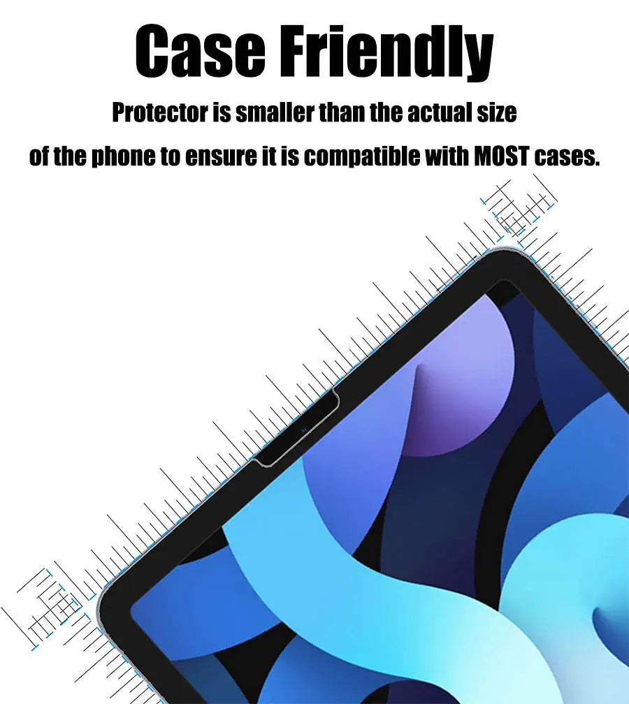 A close-up view of a blue iPad screen showing a colorful wallpaper, demonstrating a case-friendly screen protector.