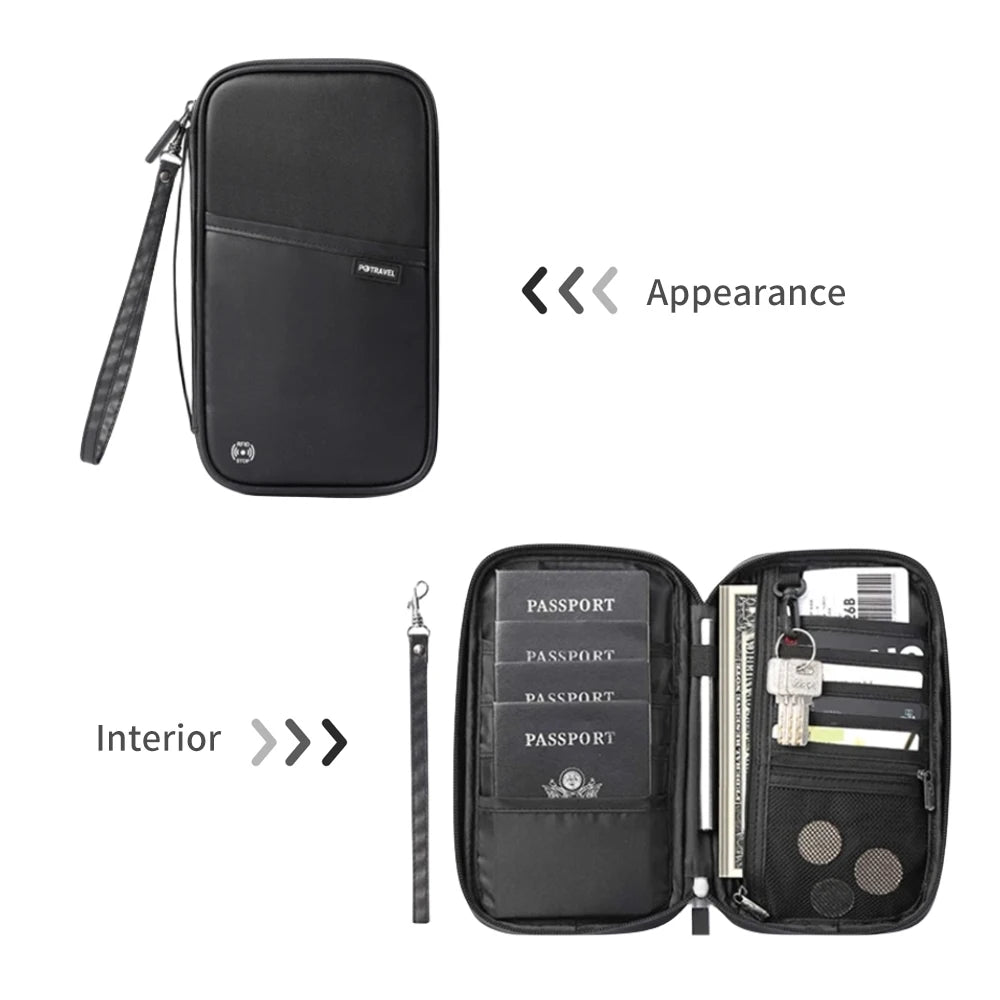 Black RFID-blocking travel passport holder with a detachable strap showing the exterior and interior.