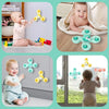 A toddler is playing with a yellow suction cup spinner bath toy in various colors and contexts.