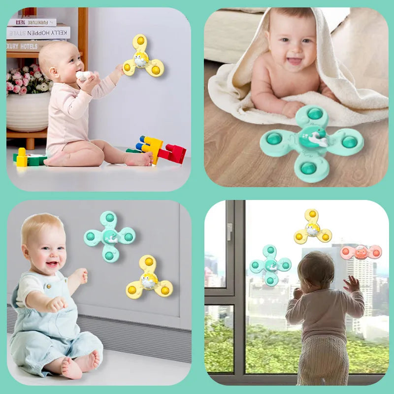 A toddler is playing with a yellow suction cup spinner bath toy in various colors and contexts.