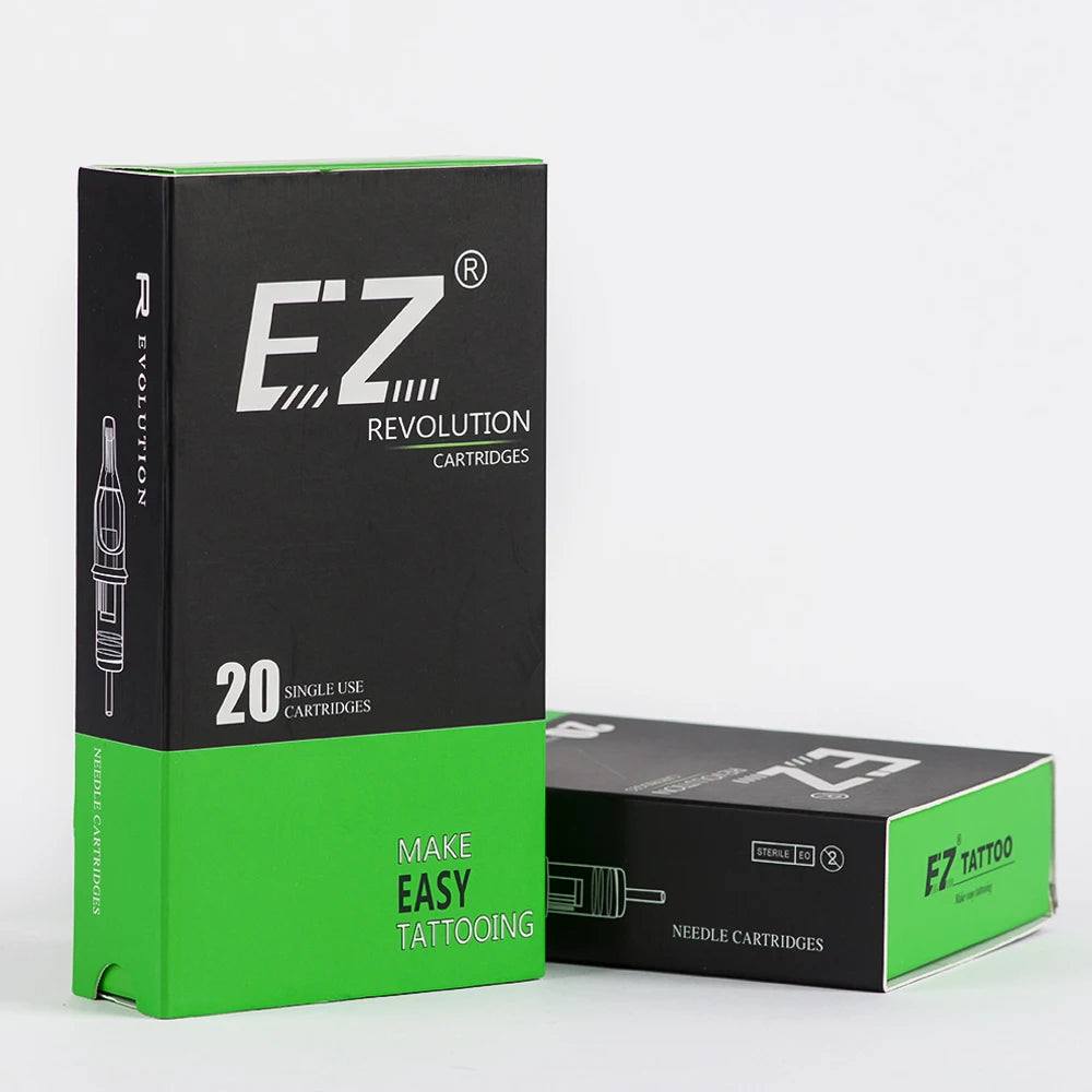 A black and green box of E'Z Revolution cartridges for professional tattoo needles.