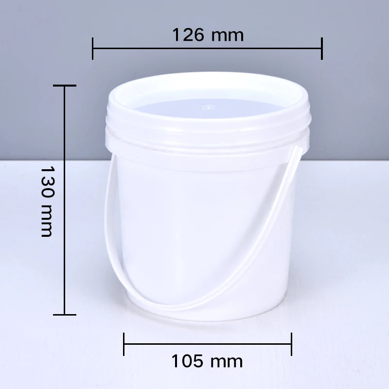 White plastic storage bucket with a clear lid, shown with dimensions of 126 mm by 105 mm and 130 mm high.
