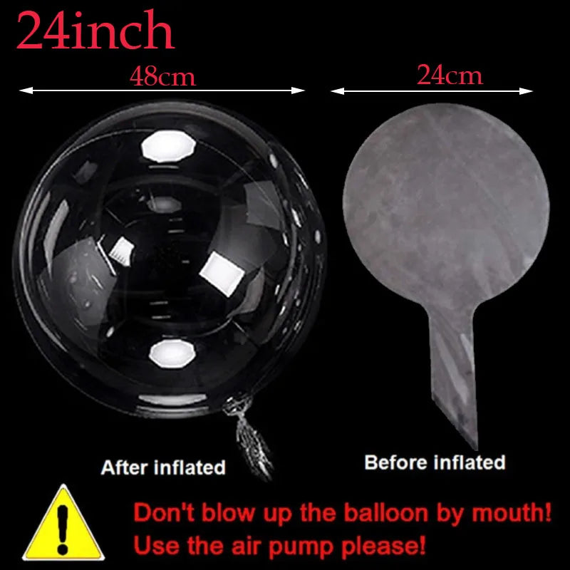 Comparison image showing a clear inflated balloon next to its deflated state, with instructions for proper inflation.