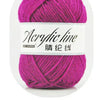 A ball of magenta acrylic yarn labeled as Acrylic line in 15-color pink.