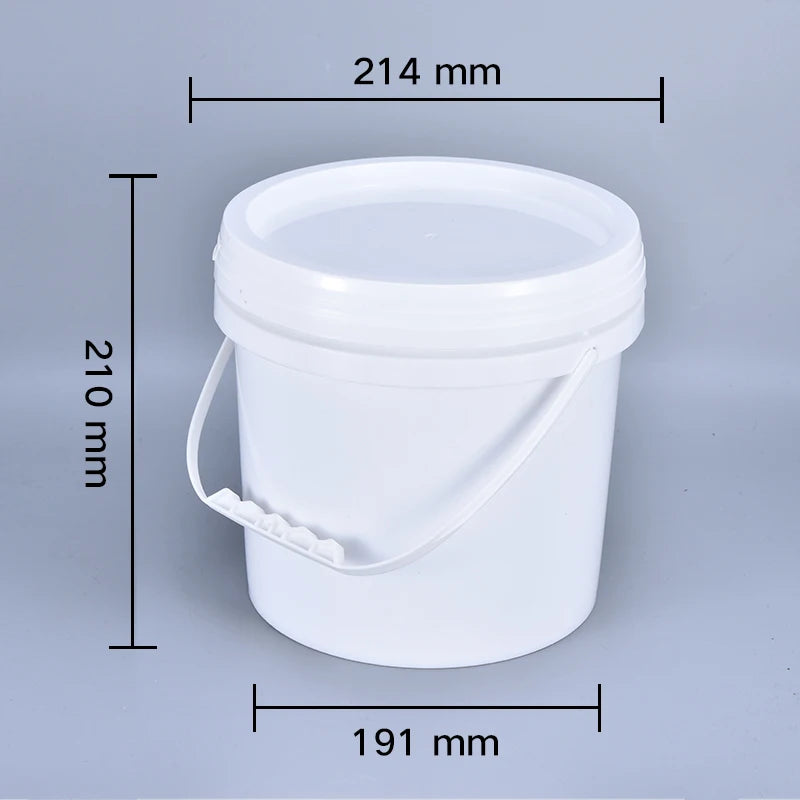 A white food-grade plastic bucket with a leakproof lid shown against a gray background.