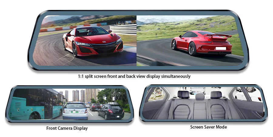 Display showing a 1:1 split screen of front and back view, a front camera display, and a screen saver mode.