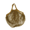 A pair of reusable, foldable organic cotton mesh produce bags in a natural brown color.