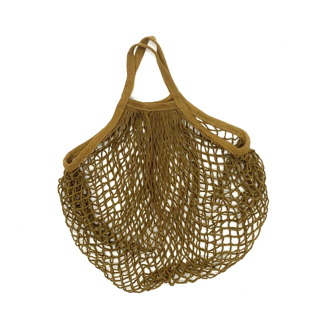 A pair of reusable, foldable organic cotton mesh produce bags in a natural brown color.