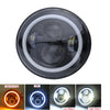 7-inch round LED headlight with DRL halo and amber turn signal showing various beam patterns.