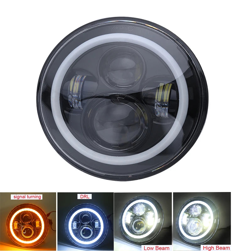 7-inch round LED headlight with DRL halo and amber turn signal showing various beam patterns.