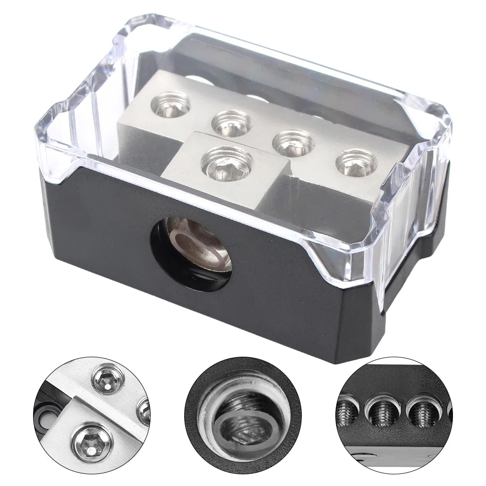 Clear plastic power distribution block for car audio, featuring four terminals and a fuse holder.