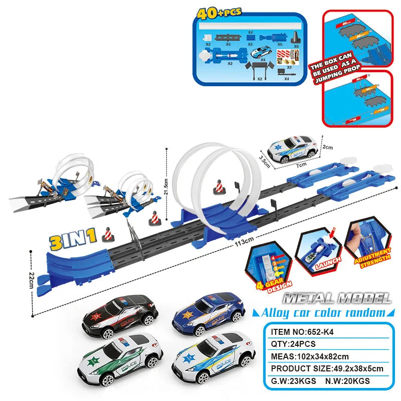 A set of metal model racing cars and track components including loops for DIY stunt racing.