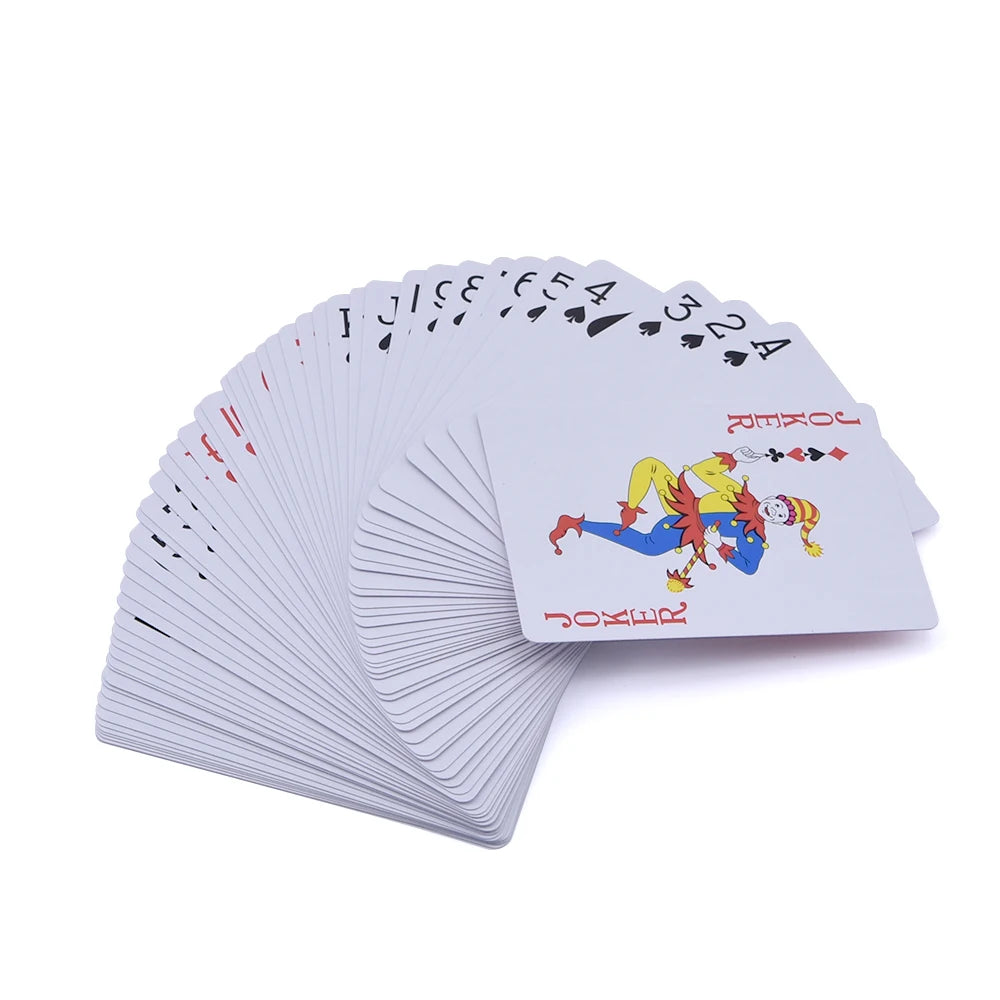 A fan of marked stripper deck cards showing a stack of playing cards with Joker and King cards.