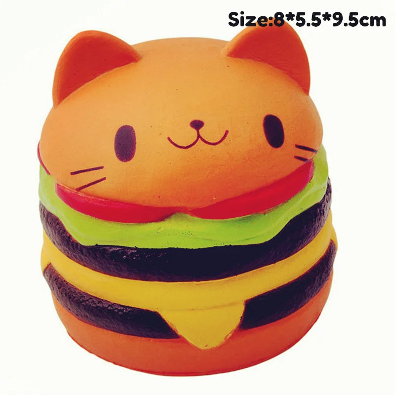An orange cat shaped squishy toy with black stripes, designed for stress relief.