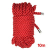 A spool of bright red soft silk bondage rope with silver tips, measuring 10 meters long.