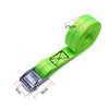 A roll of bright green heavy-duty tie-down straps with metal buckles, showing various dimensions.