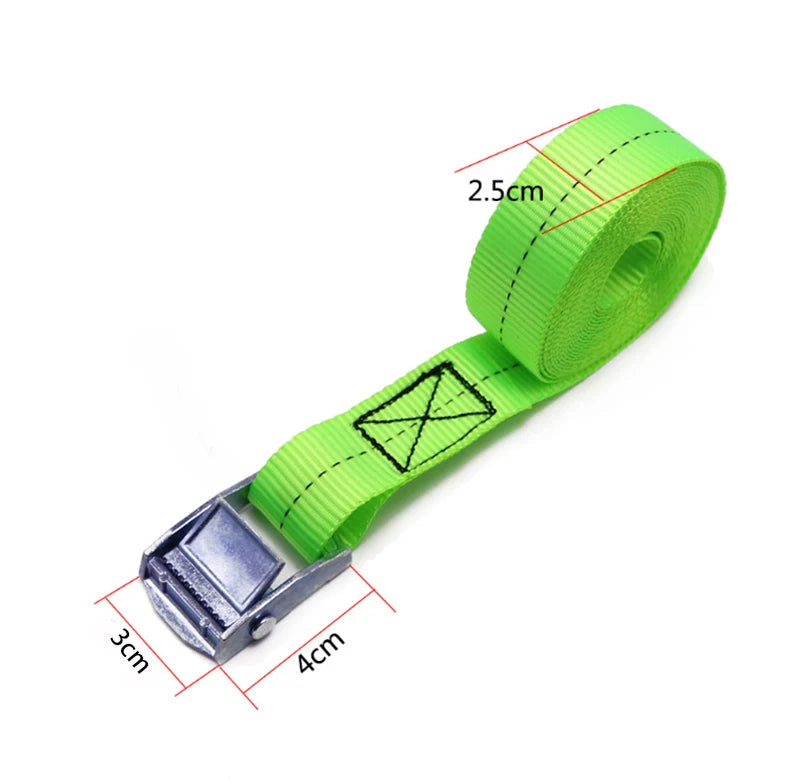 A roll of bright green heavy-duty tie-down straps with metal buckles, showing various dimensions.