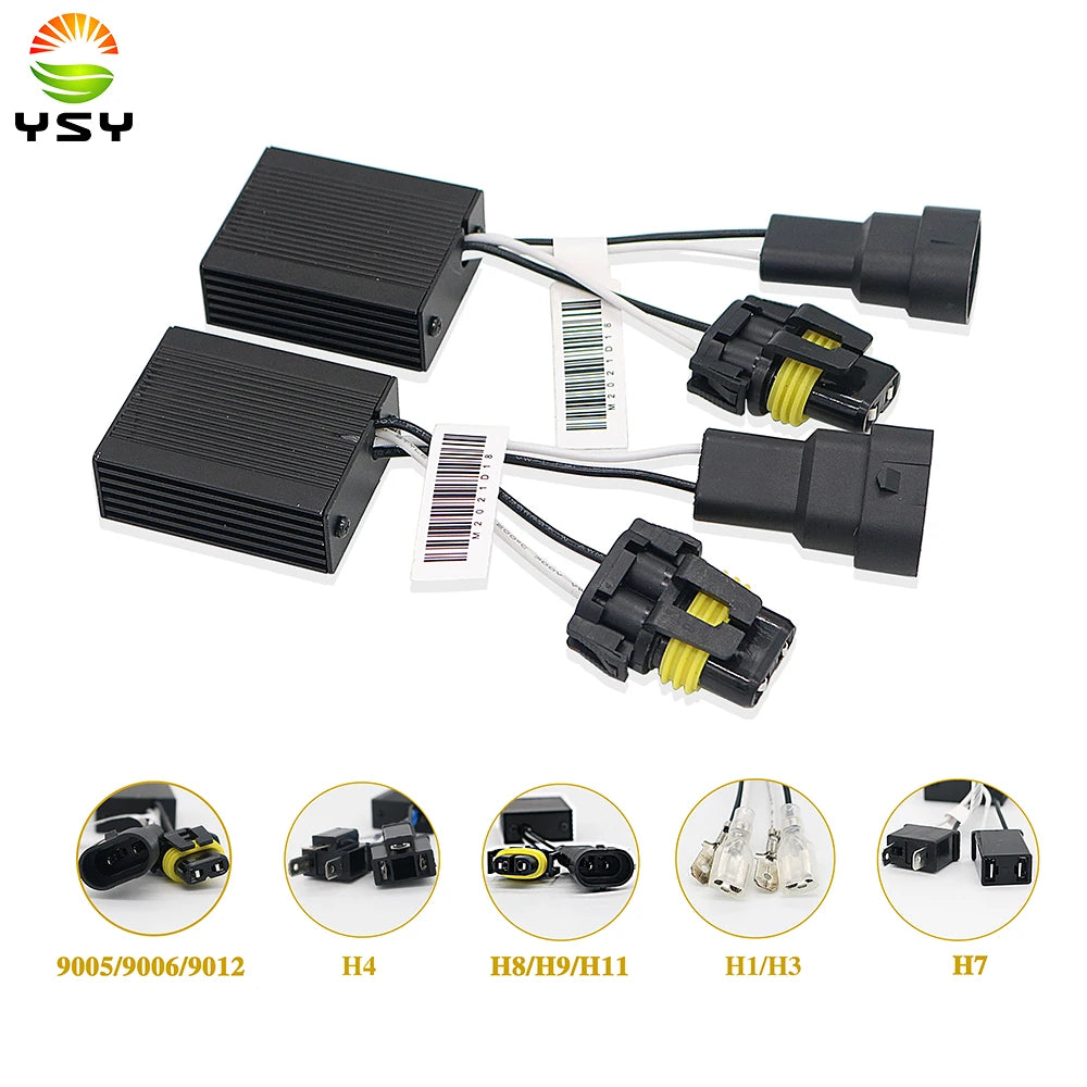 A set of Canbus LED decoder harnesses and connectors for automotive headlights and fog lights.
