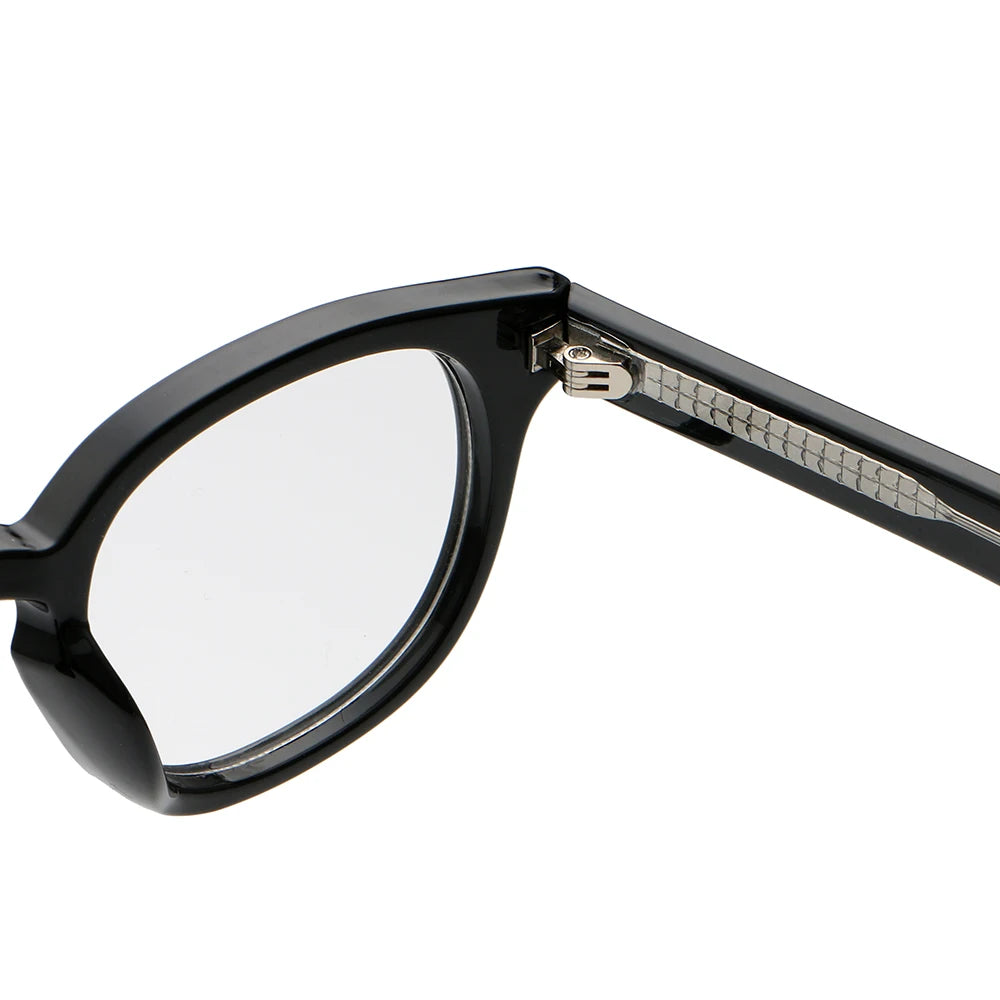 A close-up view of black square blue light blocking glasses with a silver hinge detail.