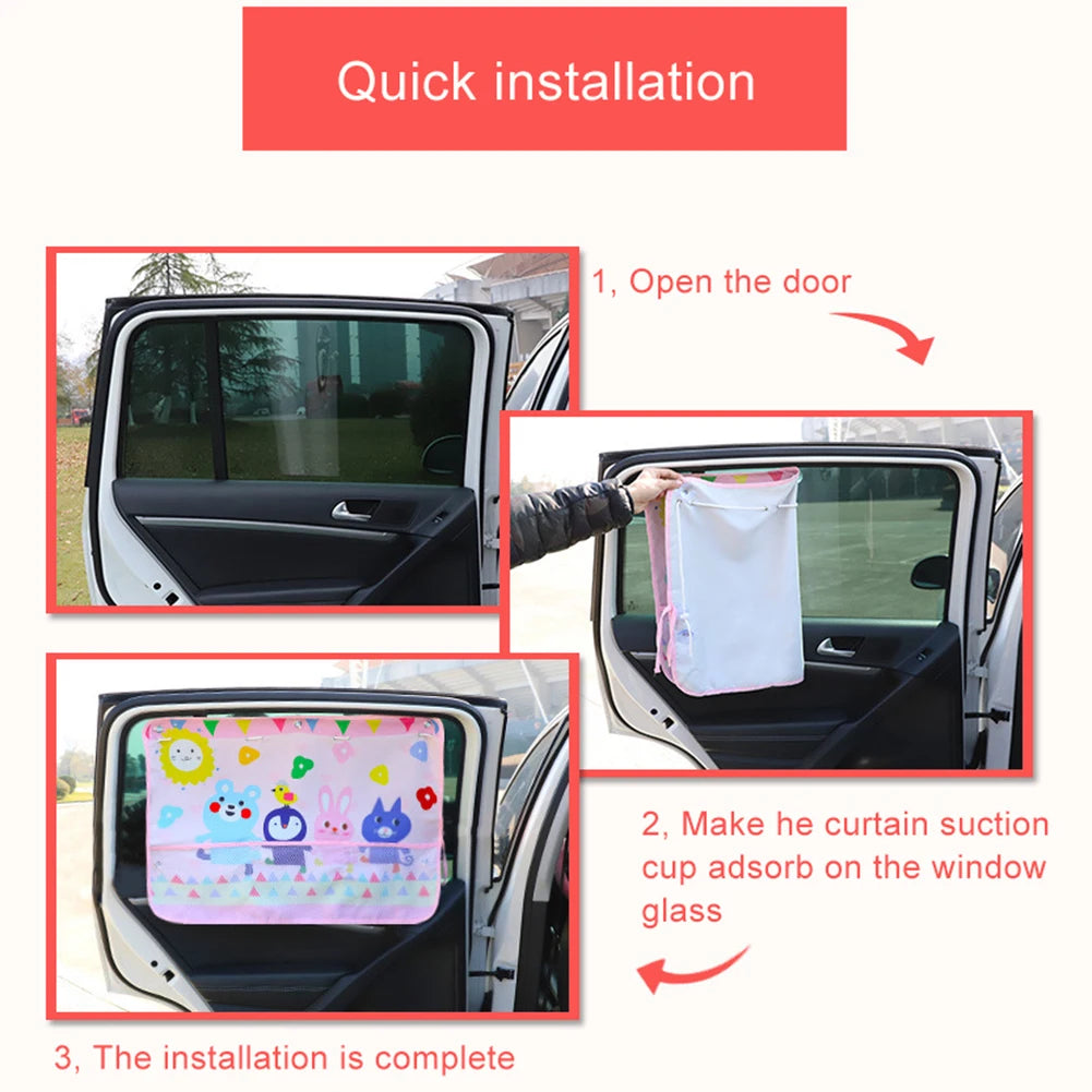 Cartoon Car Sunshade Curtain with Storage Pocket