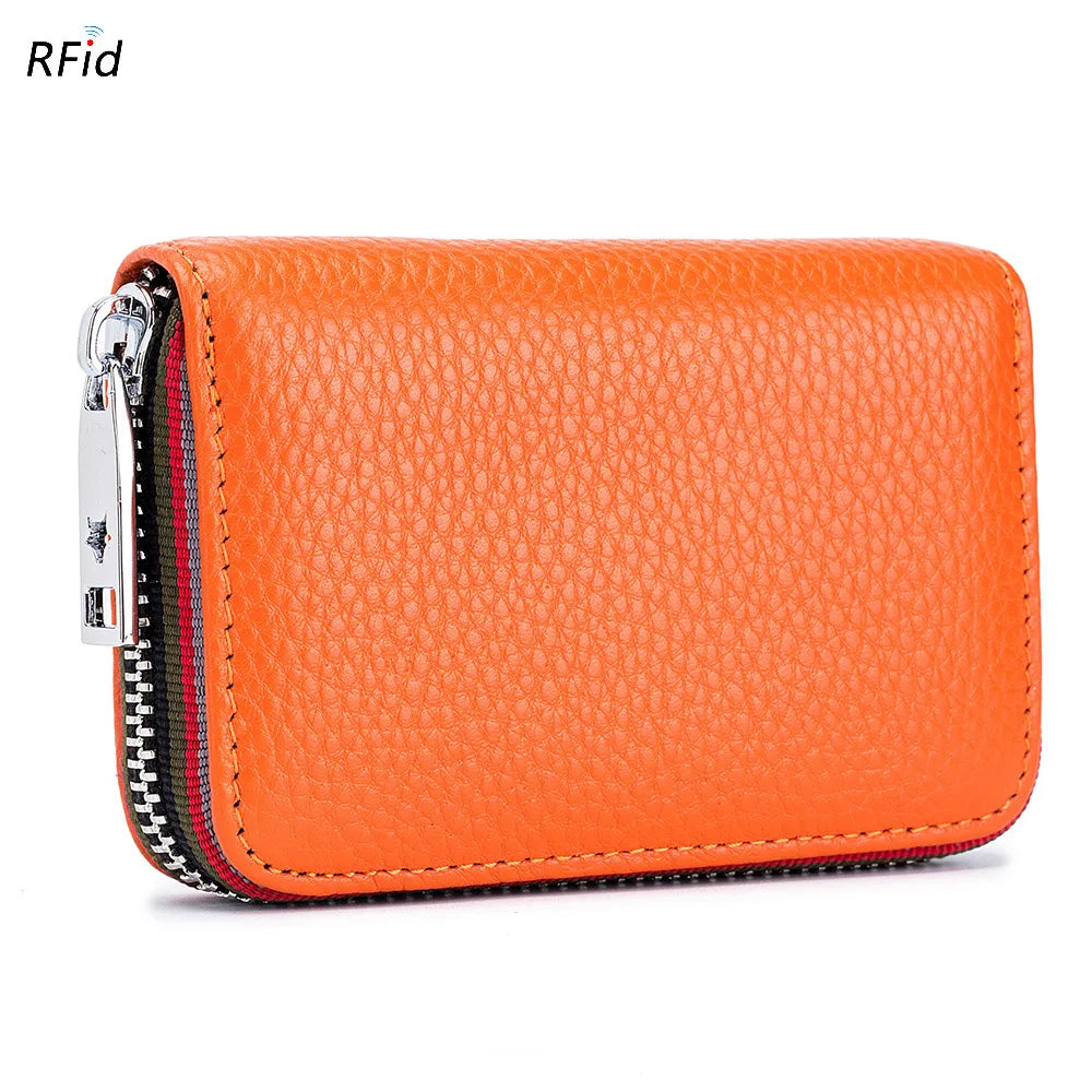 Orange genuine leather card holder with a zipper and RFID protection feature