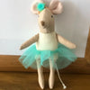 A stuffed rabbit toy with light brown fur, pink ears, and a turquoise tulle skirt.