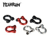A set of two metal alloy tow shackles in red and silver colors for an RC crawler.