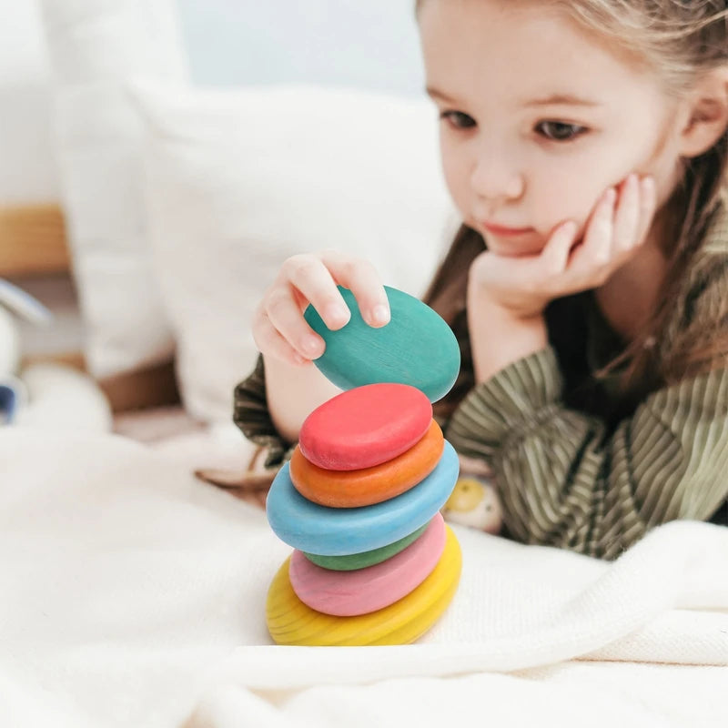 Wooden Rainbow Stacking Stones - Montessori Balancing Blocks for Kids