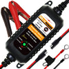 A black 12V motorcycle battery charger and maintainer unit with red and black cables.