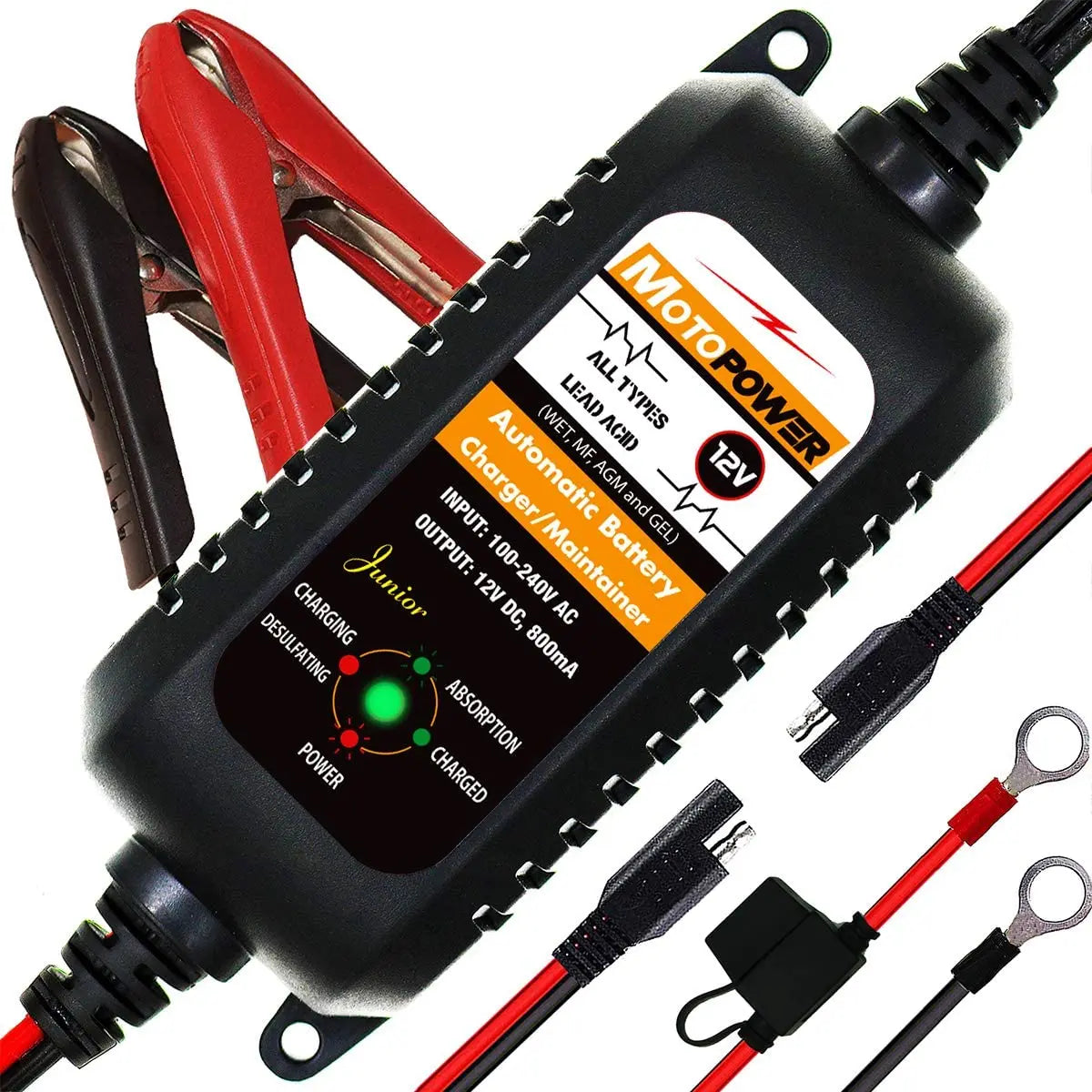 A black 12V motorcycle battery charger and maintainer unit with red and black cables.