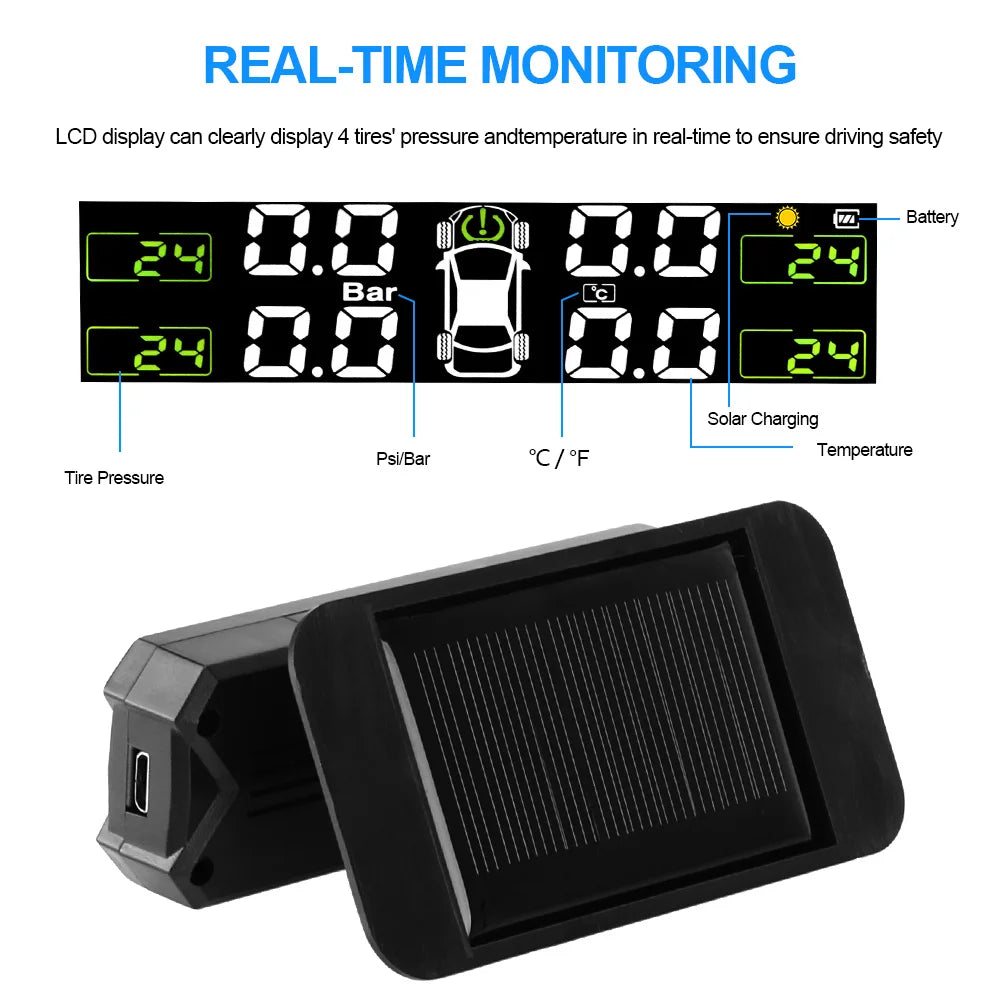 A black solar-powered tire pressure monitoring system with an LCD display showing real-time tire pressure and temperature.