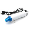 A white electric heat gun with a blue nozzle and black cord is shown against a white background.