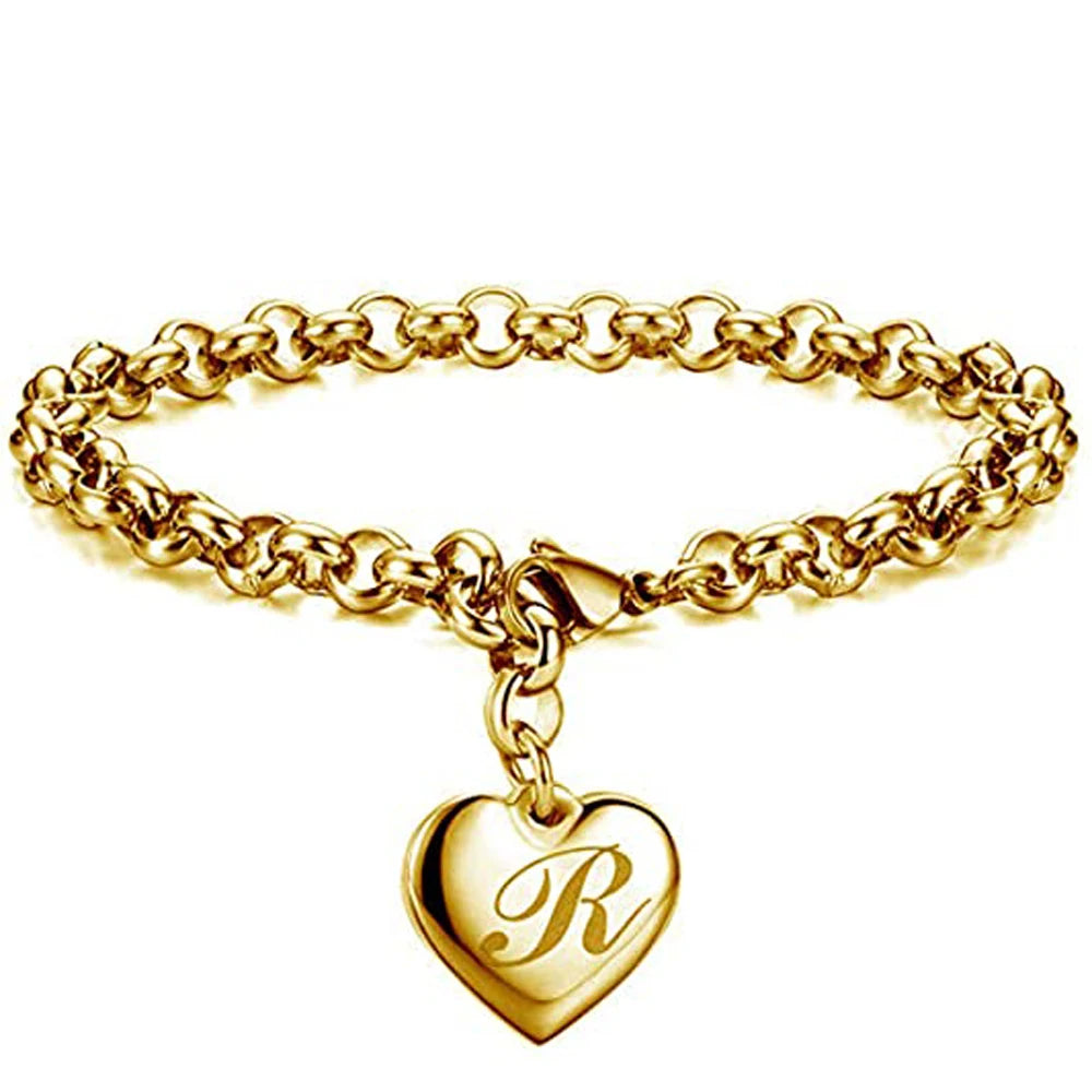 Gold Heart Alphabet Charm Bracelet