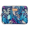 A dark blue laptop sleeve featuring a vibrant botanical print with various shades of teal, pink, and green leaves.