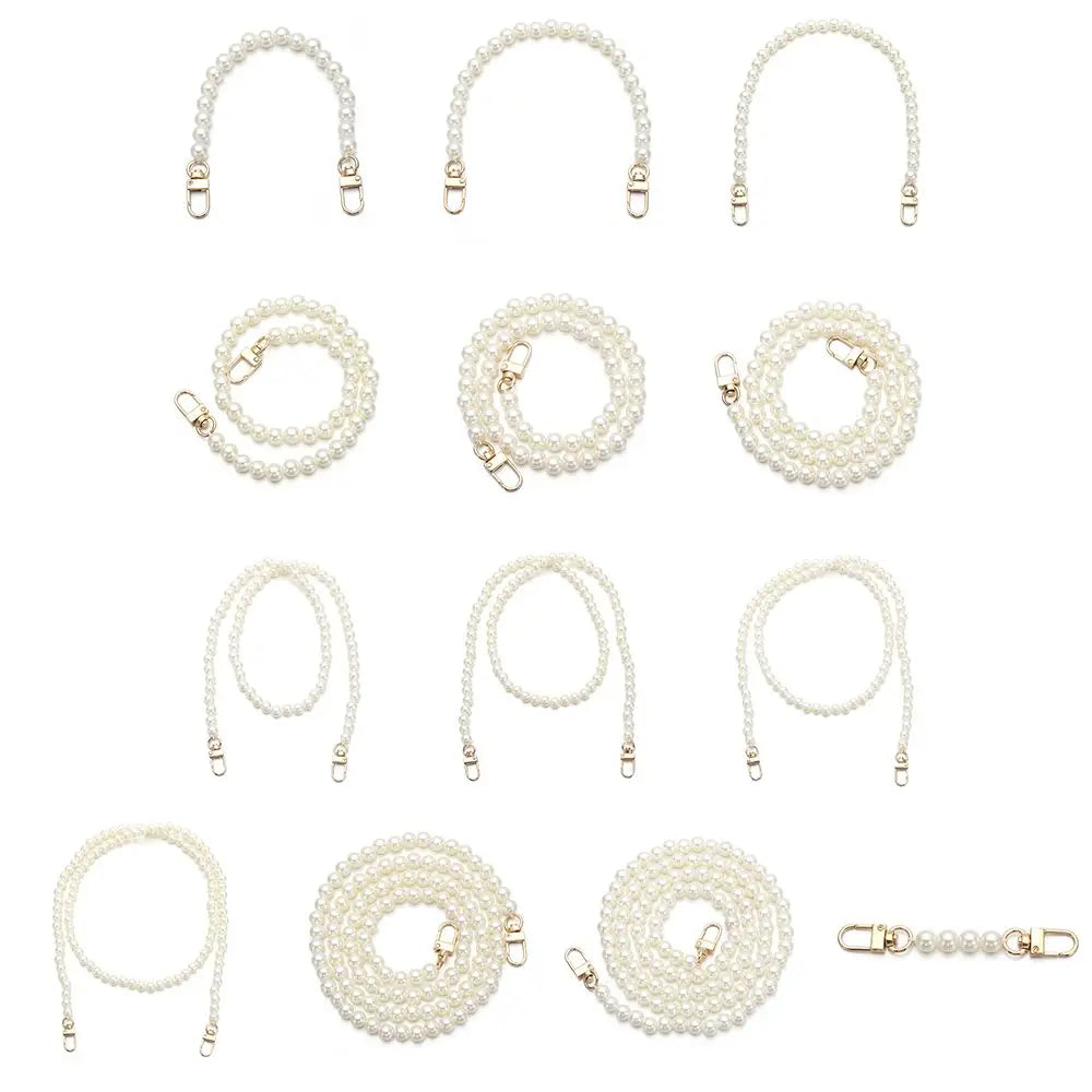 A collection of elegant pearl chain straps for handbags and DIY purses shown in various sizes and styles.