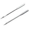 A pair of silver universal household sewing machine needles shown diagonally against a white background.