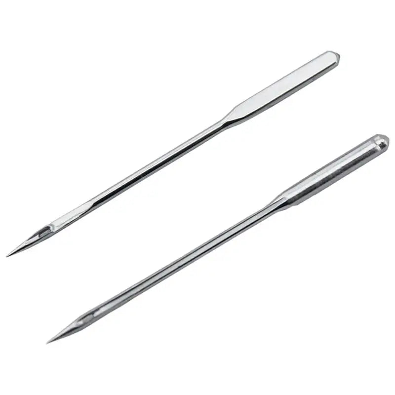 A pair of silver universal household sewing machine needles shown diagonally against a white background.